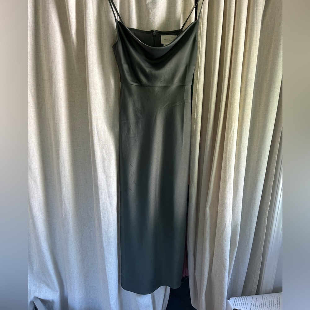 BHLDN Cali Satin Cowl-Neck Midi Slip Dress.  Size 2.  Color Moss.